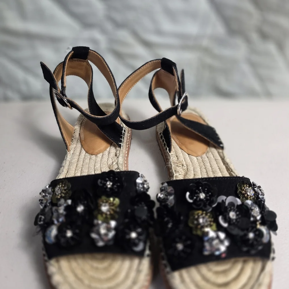 BILL BLASS BLACK ANTHROPOLOGIE SUEDE ESPADRILLES SANDALS SEQUIN SHOES Sz 6